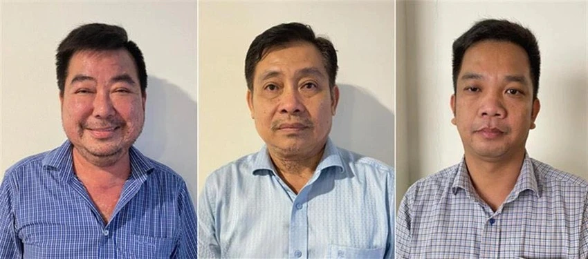Bị can Lê Quang Bình (ngoài cùng bên trái) và một số bị can khác trong vụ án. Ảnh: BCA sap-xet-xu-cuu-chu-tich-ubnd-tinh-an-giang-tiep-tay-cho-cat-tac-.jpeg